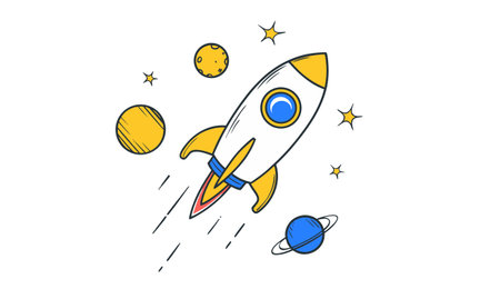 Rocket in space with planets and stars. Hand drawn vector illustration.