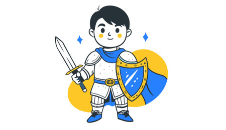 Illustration of a boy in knight costume holding a sword and shieldのイラスト素材
