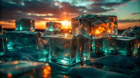 Ice cubes on the lake at sunset. Beautiful winter background with frozen water.の写真素材