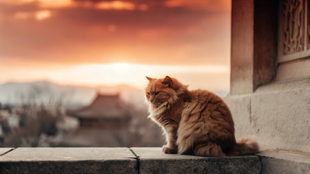 Beautiful red cat sits on the steps of a building against the background of the sunset.の写真素材