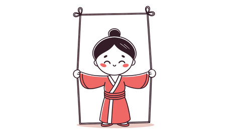 Illustration of a woman in a kimono holding a frameのイラスト素材