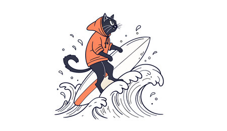 Vector illustration of a cat surfing on a wave. Cartoon style.のイラスト素材