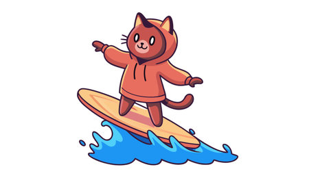 Illustration of a cat surfing with a surfboard on a white backgroundのイラスト素材