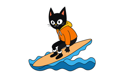 Illustration of a cat surfing with a surfboard on a white backgroundのイラスト素材
