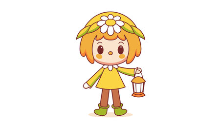 Illustration of Cute Kid Girl Wearing Red Dress Holding Lanternのイラスト素材