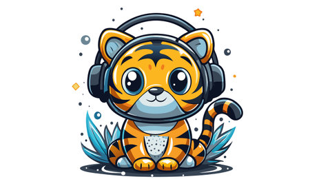 Cute tiger listening to music with headphones. Cartoon vector illustration.のイラスト素材