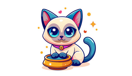 Cute cartoon Siamese cat with bowl of food. Vector illustration.のイラスト素材