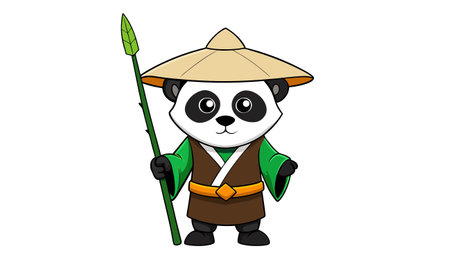 panda with bamboo hat and spear isolated on white background vector illustrationのイラスト素材