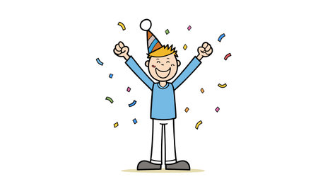 Happy young man jumping with confetti and streamers. Vector illustration.のイラスト素材