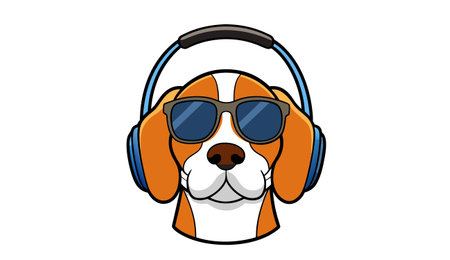 Beagle dog listening to music with headphones. Vector illustration isolated on white background.のイラスト素材