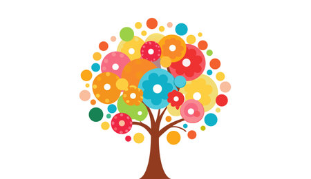 abstract tree with colorful flowers on white background, vector illustration.