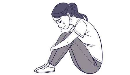 Illustration of a sad woman in a blue sweater. Vector illustration.のイラスト素材