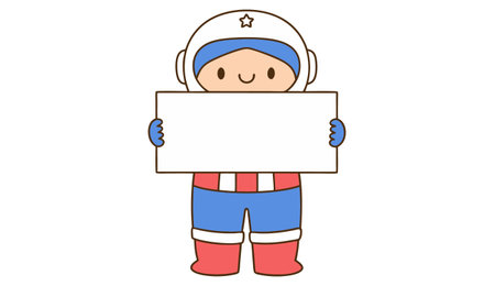 Astronaut holding blank sign. Vector illustration. Cartoon style.のイラスト素材