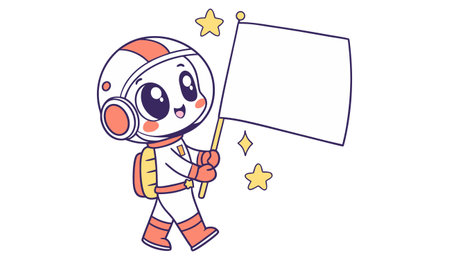 Astronaut holding blank sign. Vector illustration. Cartoon style.のイラスト素材
