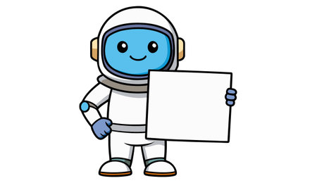 Astronaut holding blank sign. Vector illustration. Cartoon style.のイラスト素材
