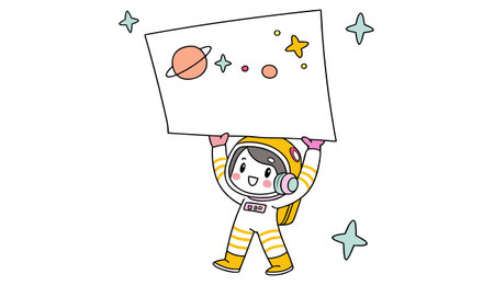 Astronaut holding blank sign. Vector illustration. Cartoon style.のイラスト素材