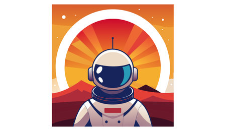 Astronaut in space suit on the background of the sunset. Vector illustrationのイラスト素材