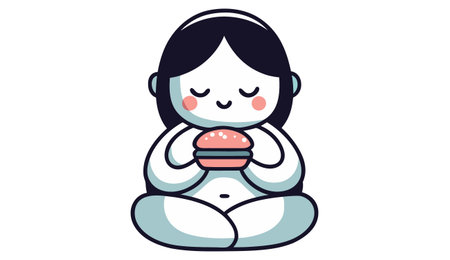 Vector illustration of Cartoon fat girl eating hamburger. Isolated on white background.のイラスト素材