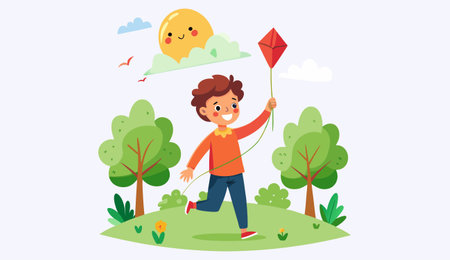 Vector illustration of a boy playing with a kite in the parkのイラスト素材