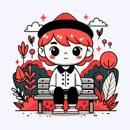 Cute little girl sitting on bench in park. Vector illustration.のイラスト素材