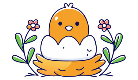 Illustration of a chick in a nest with flowers on a white backgroundのイラスト素材