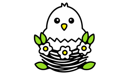 Illustration of a chick in a nest with flowers on a white backgroundのイラスト素材