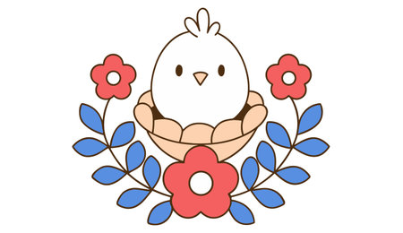 Illustration of a chick in a nest with flowers on a white backgroundのイラスト素材