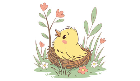 Illustration of a chick in a nest with flowers on a white backgroundのイラスト素材