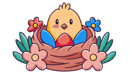 Illustration of a chick in a nest with flowers on a white backgroundのイラスト素材