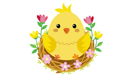 Illustration of a chick in a nest with flowers on a white backgroundのイラスト素材