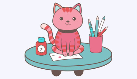 Illustration of a cute cat sitting on a table and writing a letterのイラスト素材