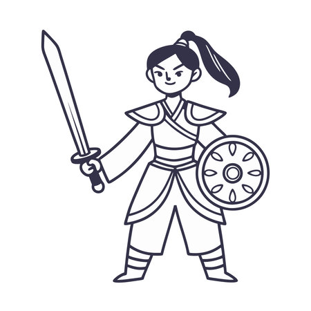 Kung fu girl with sword and shield. Vector linear illustration.のイラスト素材