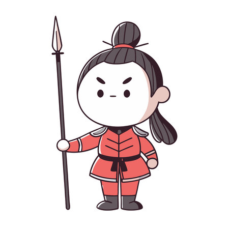 Illustration of a Little Chinese Girl in Traditional Costume Holding a Spearのイラスト素材