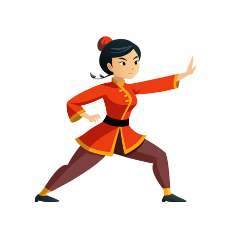 Young Asian woman in traditional Chinese costume dancing kung fu vector Illustrationのイラスト素材