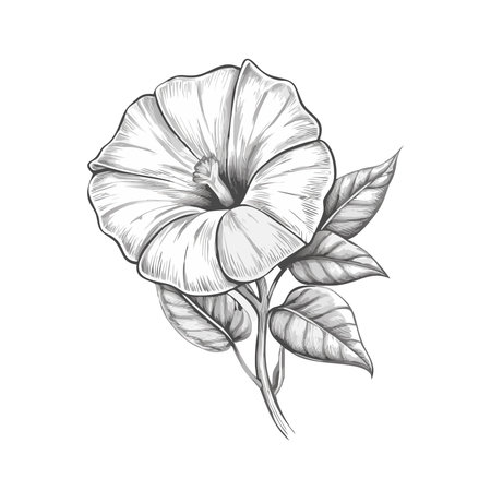 Illustration of a morning glory with green leaves on a white backgroundのイラスト素材