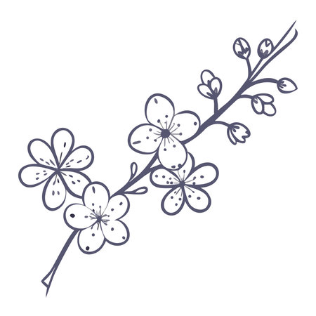 plum blossom branch with flowers and leaves. Hand drawn vector illustration.のイラスト素材