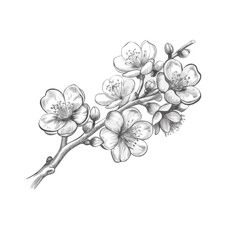 plum blossom branch with flowers and leaves. Hand drawn vector illustration.のイラスト素材