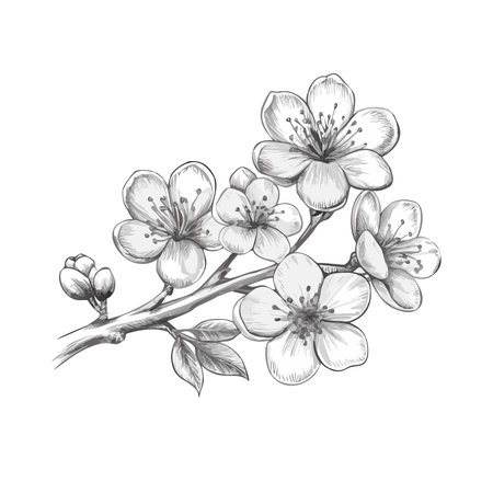 plum blossom branch with flowers and leaves. Hand drawn vector illustration.のイラスト素材