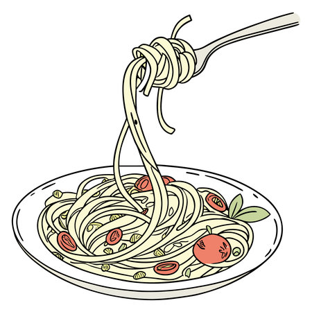 Spaghetti with tomato and basil on a plate. Vector illustration.のイラスト素材