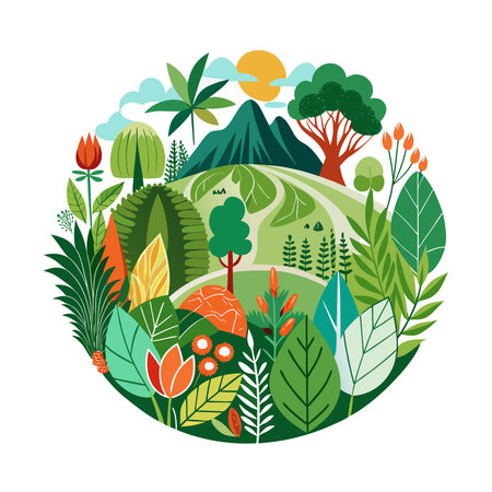 Vector illustration of a round frame with nature elements in flat style.のイラスト素材