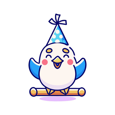 Cute cartoon bird with party hat. Vector illustration isolated on white background.のイラスト素材