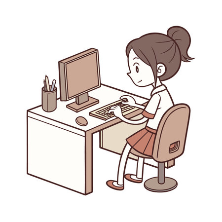 woman working at desk with computer and lamp icon image vector illustration designのイラスト素材