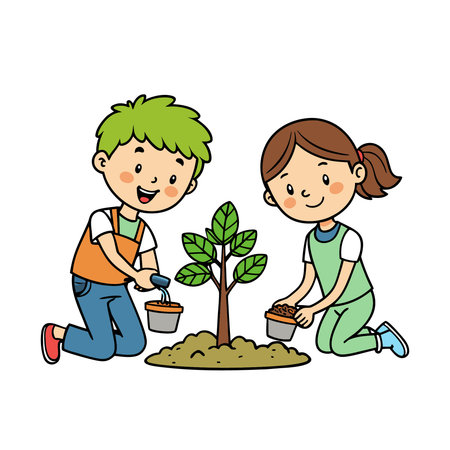 Children planting trees. Vector illustration of a little boy and girl planting trees.のイラスト素材