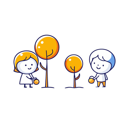 Children planting trees. Vector illustration of a little boy and girl planting trees.のイラスト素材