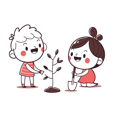Children planting trees. Vector illustration of a little boy and girl planting trees.のイラスト素材