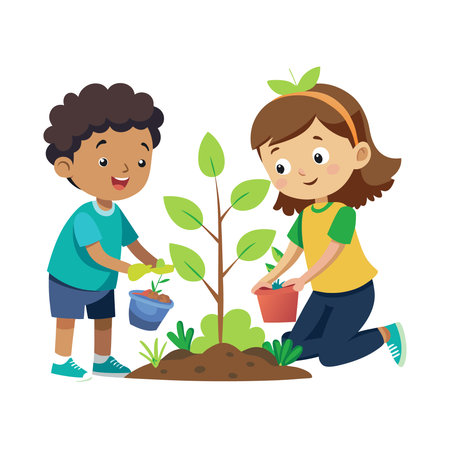 Children planting trees. Vector illustration of a little boy and girl planting trees.のイラスト素材