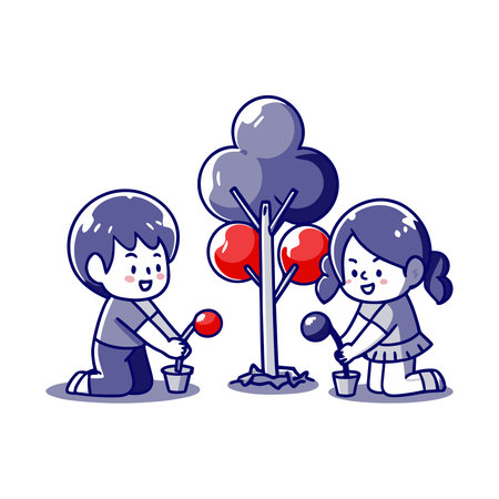 Children planting trees. Vector illustration of a little boy and girl planting trees.のイラスト素材