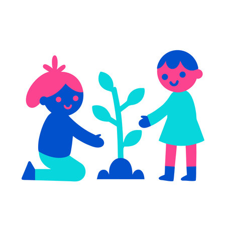 Boy and girl planting a tree. Vector illustration in flat style.のイラスト素材