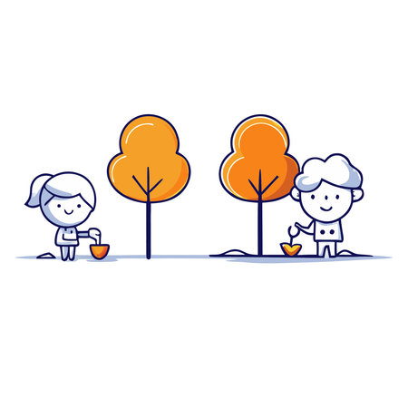 Boy and girl watering the trees. Vector illustration. Flat design.のイラスト素材
