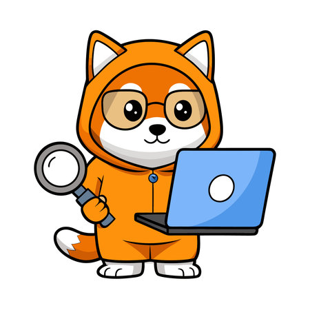Cute dog in a hoodie and glasses with a laptop. Vector illustration.のイラスト素材